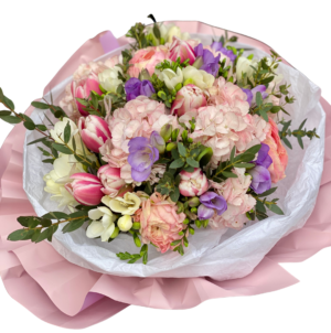 Buchet Pastel Romantic (Hortensie, Frezii & Lalele)